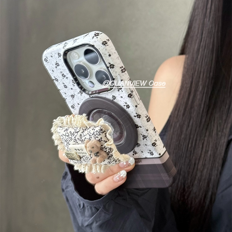 小众格纹黑碎花小熊枕头磁吸壳