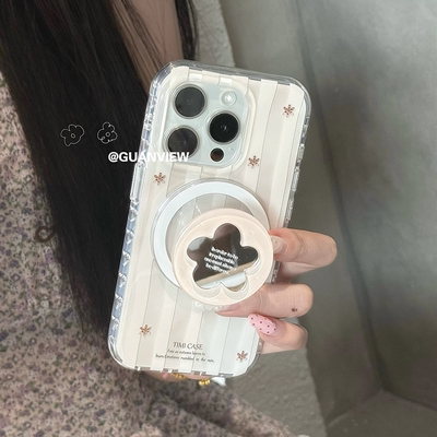 ins简约咖色条纹花朵磁吸壳
