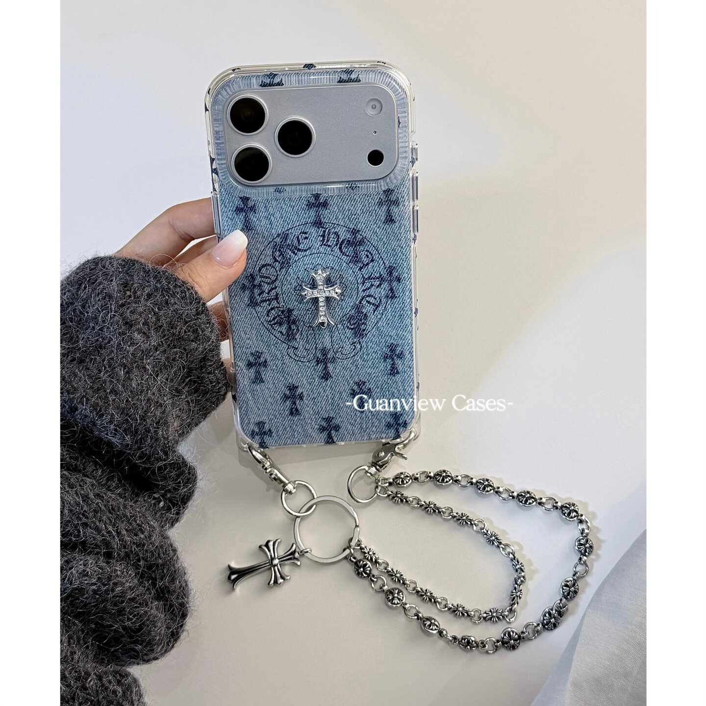 guanview 潮酷牛仔纹十字架金属链条适用苹果18promax手机壳iphone17pro新款15女161全包18pro防摔17pm手机套