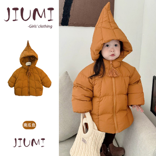 女童南瓜色中长款 加厚连帽保暖羽绒外套 保暖白鸭绒羽绒服宝宝冬季