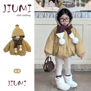 女童韩版冬季加绒加厚连帽棉服套装宝宝花苞外套加绒打底裤两件套