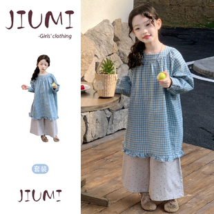 女童春季日系格子罩衫长裙圆点阔腿裤套装宝宝设计感宽松舒适套装