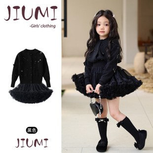 女童秋冬凸凸裙套装 超蓬凸凸裙高级气质两件套 女宝宝手工缝珠开衫