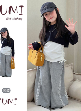女童春季韩系蝴蝶结上衣花边休闲裤套装女宝宝休闲气质时尚三件套