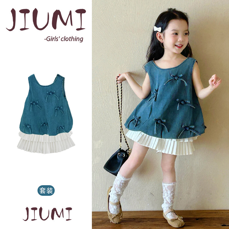 女童夏季新款韩版复古套装女宝宝蝴蝶结牛仔背心半身百褶裙两件套