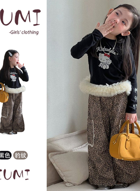 女童春季拼接网纱卡通上衣百搭豹纹休闲裤套装宝宝百搭气质两件套