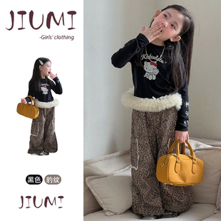 女童春季拼接网纱卡通上衣百搭豹纹休闲裤套装宝宝百搭气质两件套