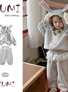女童冬季韩版甜美套装宝宝可爱小兔连帽加厚卫衣蕾丝花边卫裤套装
