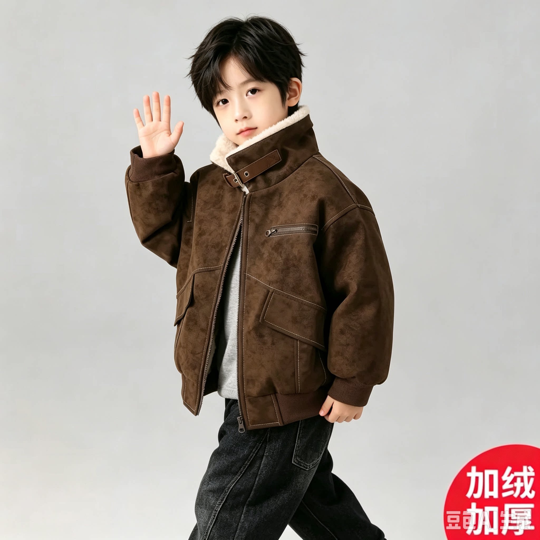 男童秋冬立领加绒加厚外套新款