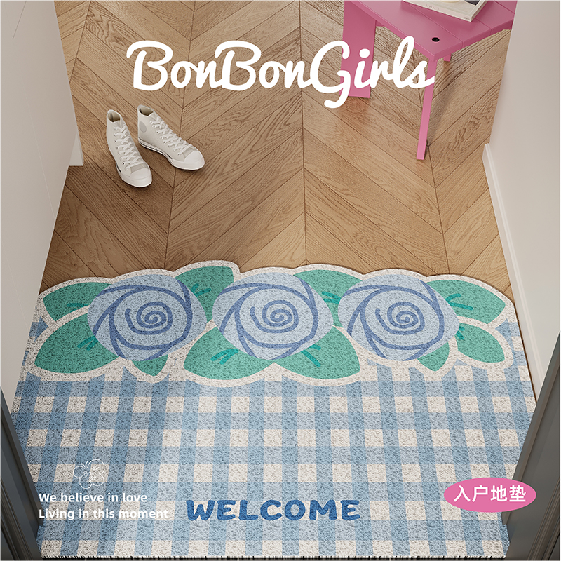 蓝色玫瑰入户门地垫丝圈耐脏免洗