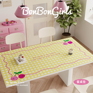 卡通格子樱桃高级感餐桌垫皮革防水防油免洗桌布茶几办公书桌垫子