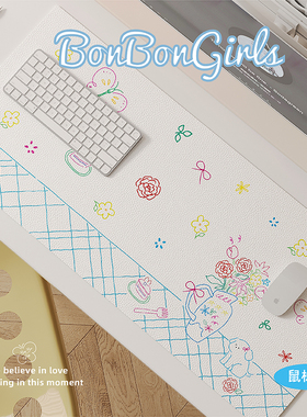 可爱插画超大鼠标垫女生电脑桌垫游戏键盘垫办公室皮革防水书桌垫