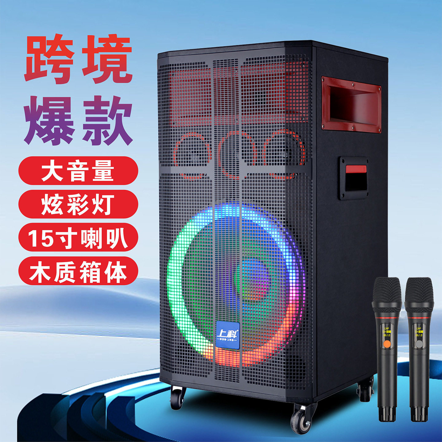 跨境音响功放一体机户外演唱K歌直播广场舞RGB彩灯大音量蓝牙音箱