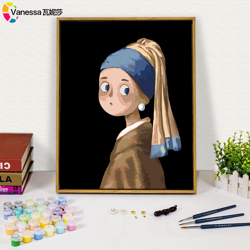 diy数字油画卡通动漫手工名画q版蒙娜丽莎戴珍珠耳环的少女填充画