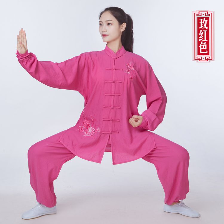 高档新款太极服长袖女亚麻棉刺绣春秋太极拳练功服装夏武术比赛表
