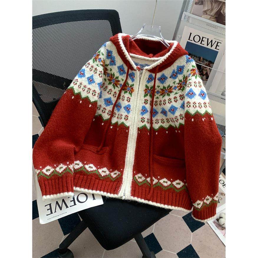 费尔岛宽松连帽红色新年衣服女款毛衣外套2025新款穿搭慵懒风开衫,个性定制/设计服务/DIY,棉服工装,淘宝优惠券,粉丝福利购,淘宝优惠卷