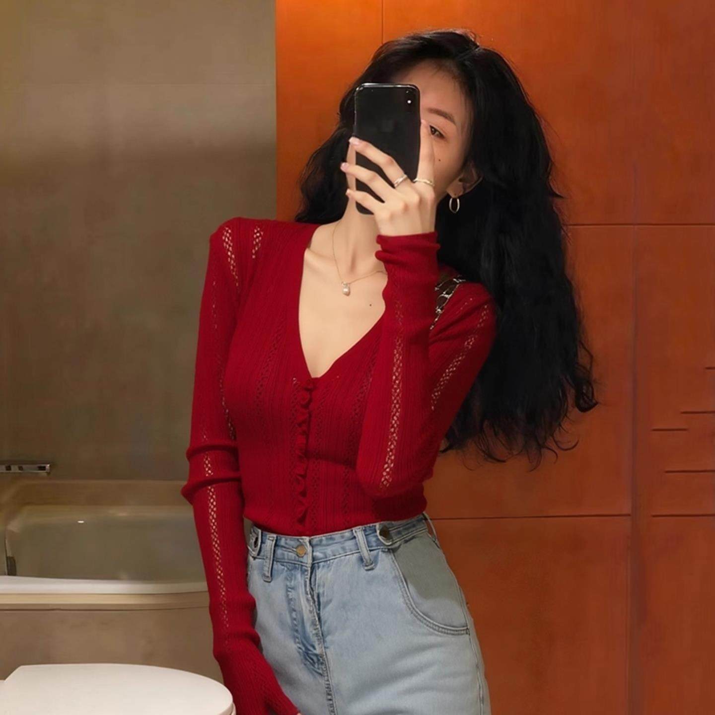 小香风圣诞新年红色毛衣针织开衫女秋冬修身性感内搭打底外套上衣,女装/女士精品,毛针织衫,淘宝优惠券,粉丝福利购,淘宝优惠卷