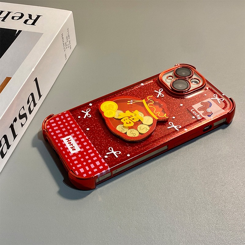 手机壳硅胶闪粉新年红色ins风立