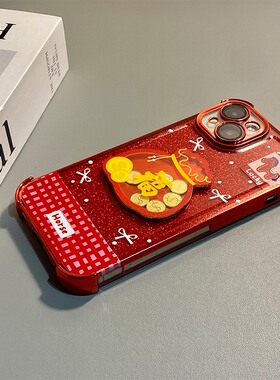 ins风金币福袋适用oppoa6pro手机壳a5立体a3摇一摇por马年5g闪粉0ppo新年oppo红色四角防摔硅胶新款本命年软p