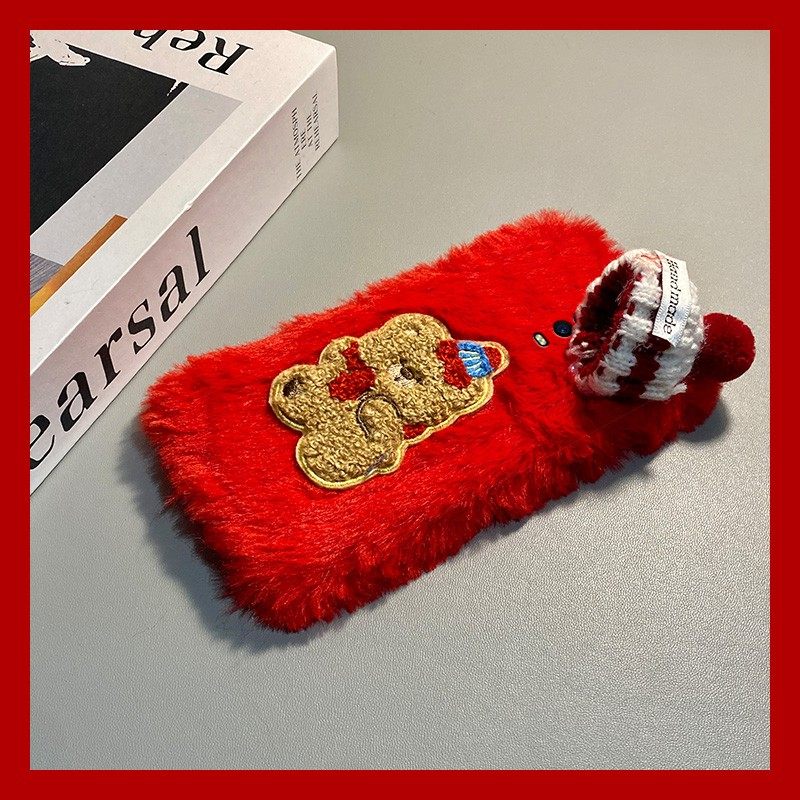 手机壳秋冬毛绒红色卡通圣诞帽子