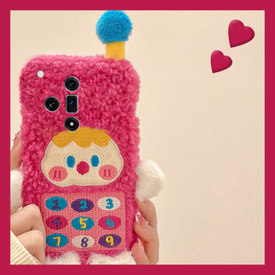 电话机女孩适用oppofindx8手机壳真我x50pro大哥大k12x刺绣x7秋冬季realme立体findx6pro毛绒ultra硅胶x5软x3