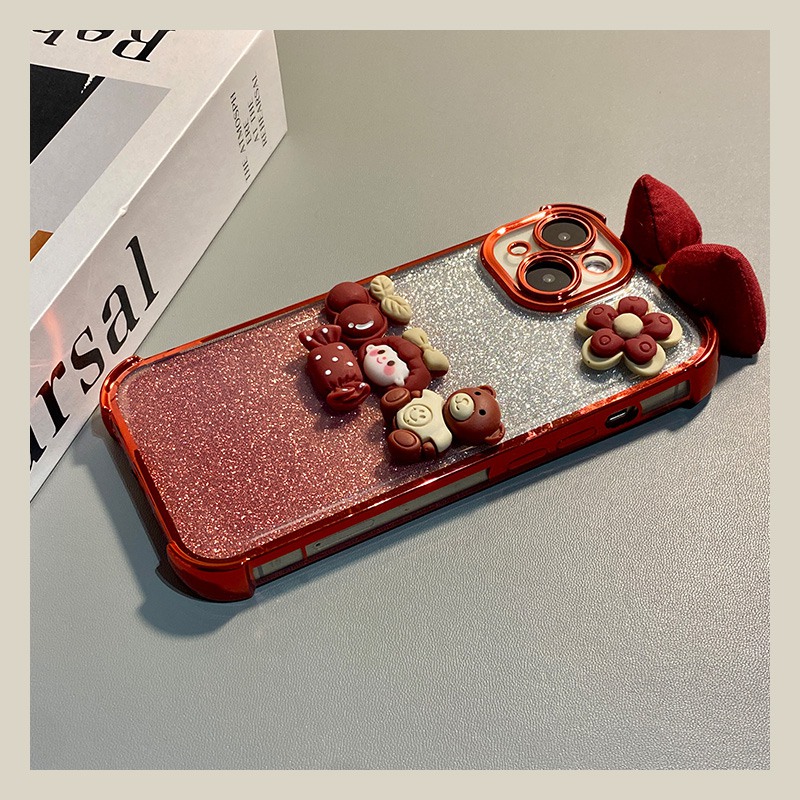 手机壳硅胶闪粉新年红色卡通花朵