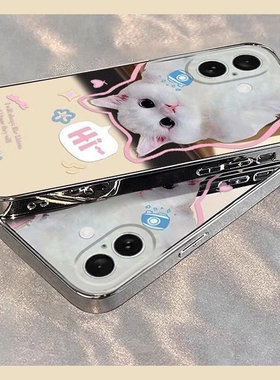 白色猫咪适用苹果16pro手机壳iphone15卡通14可爱13镜子12镜面11promax补妆镜8plus/xr新款xsmax硅胶7p电镀软