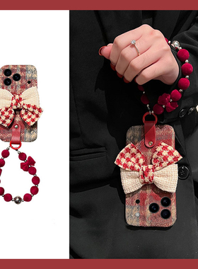 ins风拼色蝴蝶结适用苹果17promax手机壳华为pura80荣耀400pro小米15挂链vivos30毛茸茸opporeno14秋冬季x200