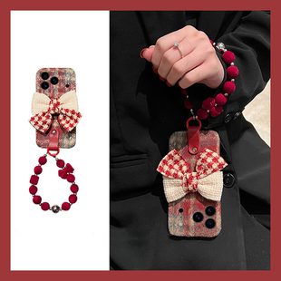 ins风拼色蝴蝶结适用苹果17promax手机壳华为pura80荣耀400pro小米15挂链vivos30毛茸茸opporeno14秋冬季x200