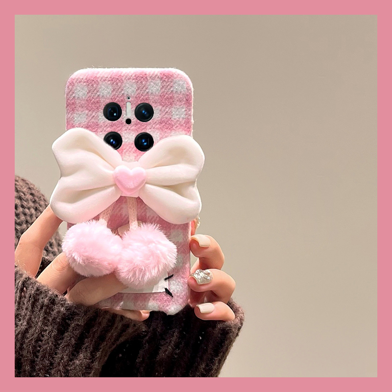 ins风粉色格子适用华为mate70pro+手机壳meta60爱心mata50e蝴蝶结rs保时捷设计mete40e十m30吊坠20x毛绒10软p