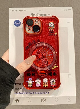 红色财神爷发财支架适用oppofindx9pro手机壳fondx8s+立体x7ultra旋转十挂链0ppo新年oppo四角防摔马年本命年