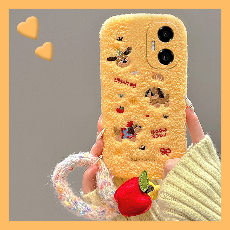 毛绒刺绣小狗适用华为荣耀300手机壳magic7pro可爱x60i毛茸茸x50挂绳200秋冬100女mgaic6十5硅胶nova12/70p+