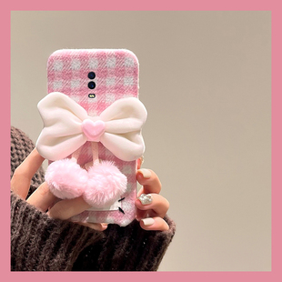 ins风粉色格子适用oppor17pro手机壳r15x梦境版 r11splus爱心r9s蝴蝶结r7plus吊坠r17毛绒oppo毛茸茸0pp0秋冬p