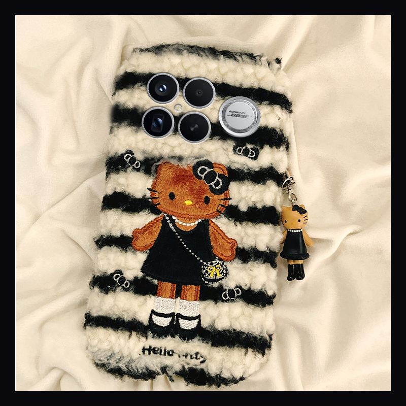 条纹刺绣kt猫适用小米红米k90promax手机壳k80可爱k70pro秋冬k60e至尊版k50毛绒turbo4卡通3/k40s/k30i/12x软