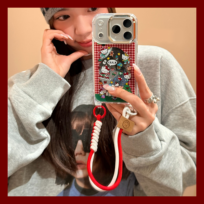 圣诞凯蒂猫适用oppofindx9plus手机壳fondx8红色x7ultra格子真我v60por可爱neo7手提绳v60s镜子k12x/k11/oppo