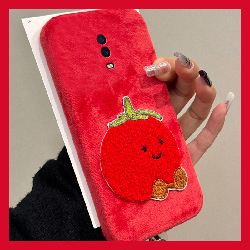 红色刺绣番茄适用oppor17pro手机壳r15x梦境版r11splus立体r9s挂绳r7plus秋冬季r17绒布oppo毛茸茸0pp0卡通软