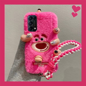 刺绣草莓熊适用opporeno4手机壳reno3pro毛茸茸3元气版5k毛绒绒5+十5g卡通oppo可爱带挂绳硅胶软壳超萌少女心