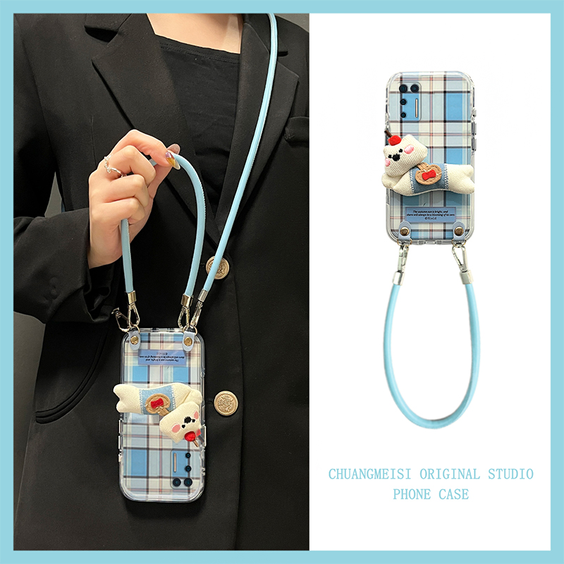 蓝色格子小狗适用坚果pro3手机壳pro2斜挎pro2s可背带r2秋冬季r1硅胶por毛绒毛茸茸全包防摔暖手绒布卡通立体