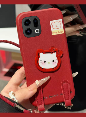 红色凯蒂猫支架适用oppofindx9plus手机壳fondx8pro小熊x7手提绳k12plus卡通k10x皮纹k9s软k7x真我q3s/q2/v23