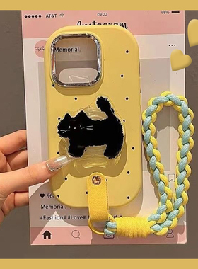 黄色波点适用苹果15手机壳iphone14立体13猫咪12支架11promax日韩8plus挂绳xr手提xsmax硅胶7p软壳小众新款女