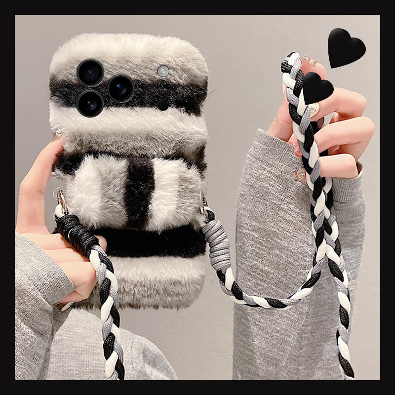 ins风撞色条纹适用苹果17air手机壳iphone16promax斜挎15plus毛绒14秋冬季13mini迷你12背夹11软xr8/7xsmax6