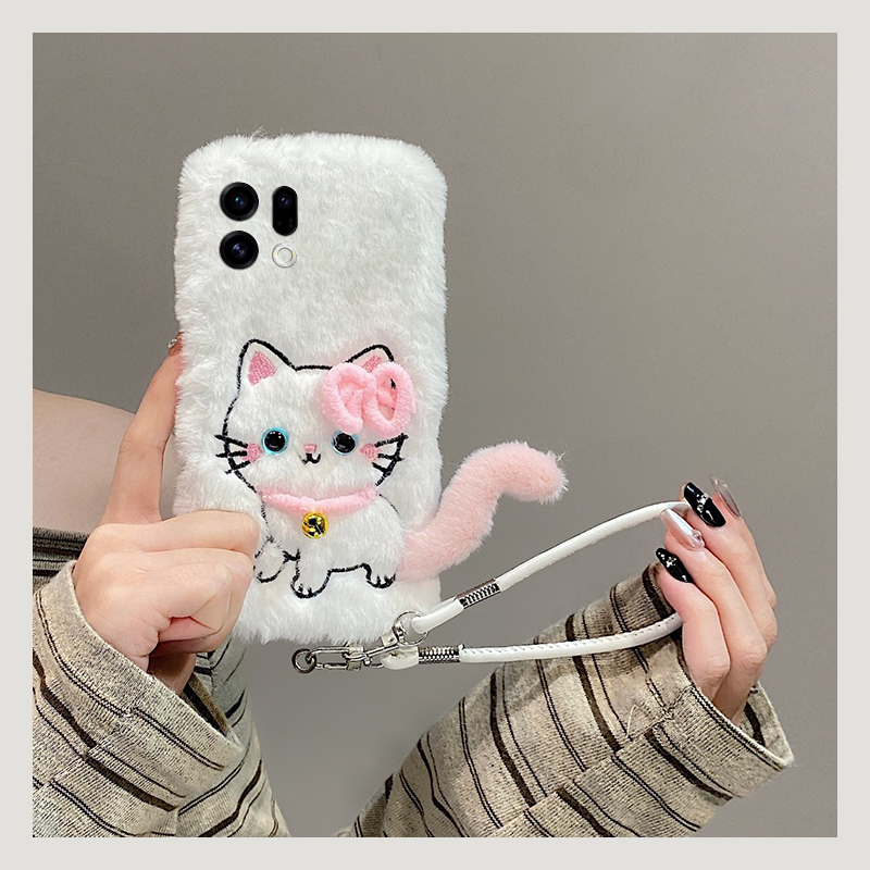 可爱铃铛猫咪适用oppofindx9plus手机壳fondx8斜挎x50pro可背k12x秋冬季x7毛绒x6por挂绳ultra软x5/x3/realme