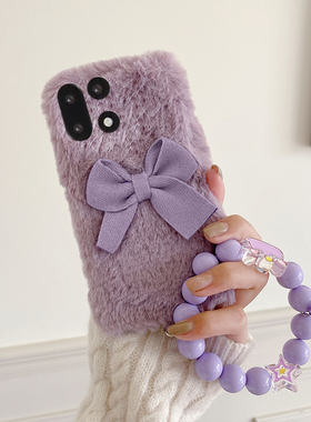 紫色蝴蝶结适用oppo一加15手机壳1+ace6立体十五日韩六挂链oppo毛绒绒1+oneplus秋冬硅胶毛茸茸手提毛毛保暖p