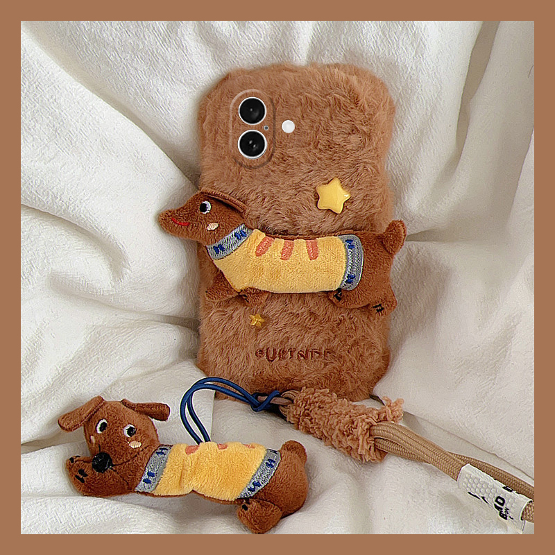 棕色腊肠狗适用苹果16pro手机壳iphone15卡通14挂绳13立体12冬天11promax秋冬季8plus可爱xr毛绒xsmax硅胶7p