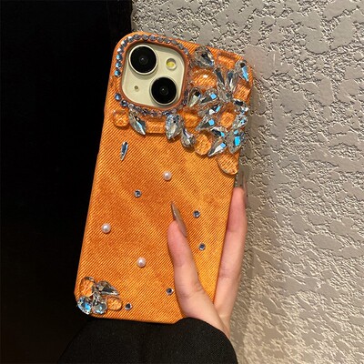 手机壳绒布橙色牛仔纹ins风立体