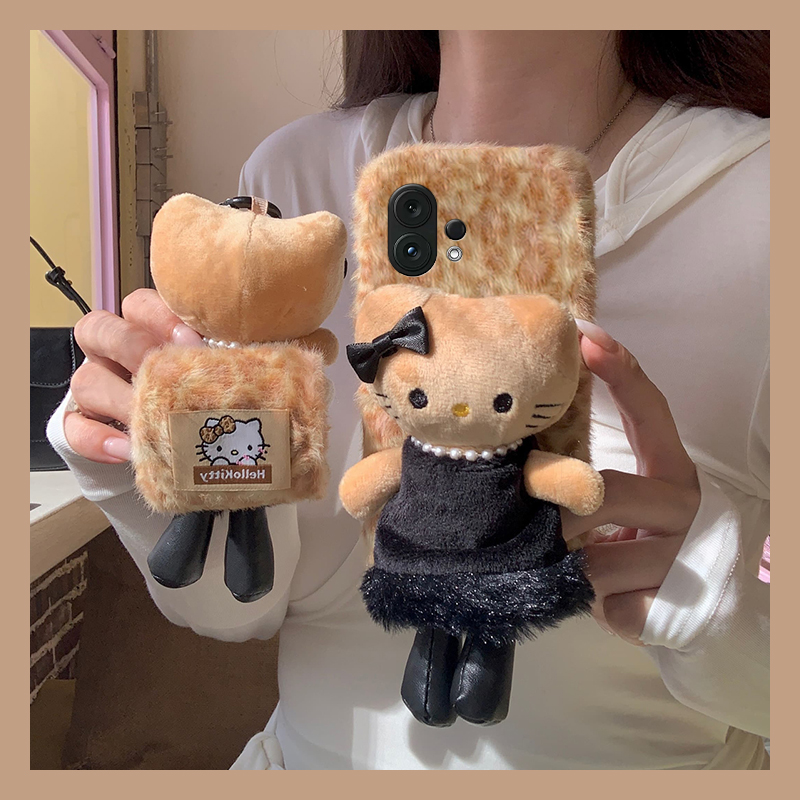 黑裙子凯蒂猫适用vivos30promini手机壳s20豹纹s19pro立体s17t秋冬季s16e毛绒t1卡通s15s12s10s9s7s1毛茸茸软
