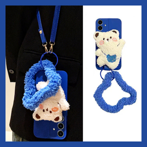 呆萌毛绒小熊适用三星s25ultra手机壳s24+斜挎s23可背带s22可爱s21卡通s20fe手环a72十a71硅胶a5软a51/galaxy