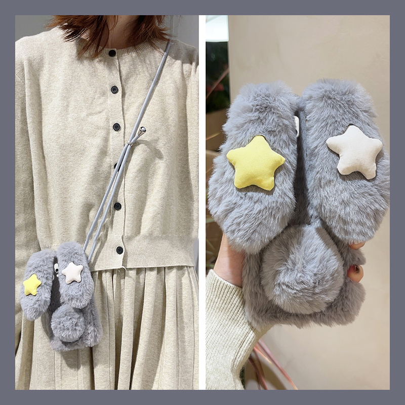 彩色星星兔子适用opporeno14手机壳reon13斜挎12pro立体11秋冬季10por+十9毛绒7se毛茸茸5k可背4se卡通oppo软