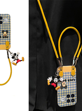 蓝色格纹米奇适用小米红米k90手机壳k90promax立体por斜挎九十可背带米挂绳redmi液态卡通新款手提硅胶斜跨软