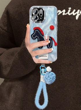 晕染蓝色刺绣小马适用opporeno15手机壳reon14铃铛13pro+挂件12挂绳11羽纱10卡通9立体8手提7软6por十5/0ppo
